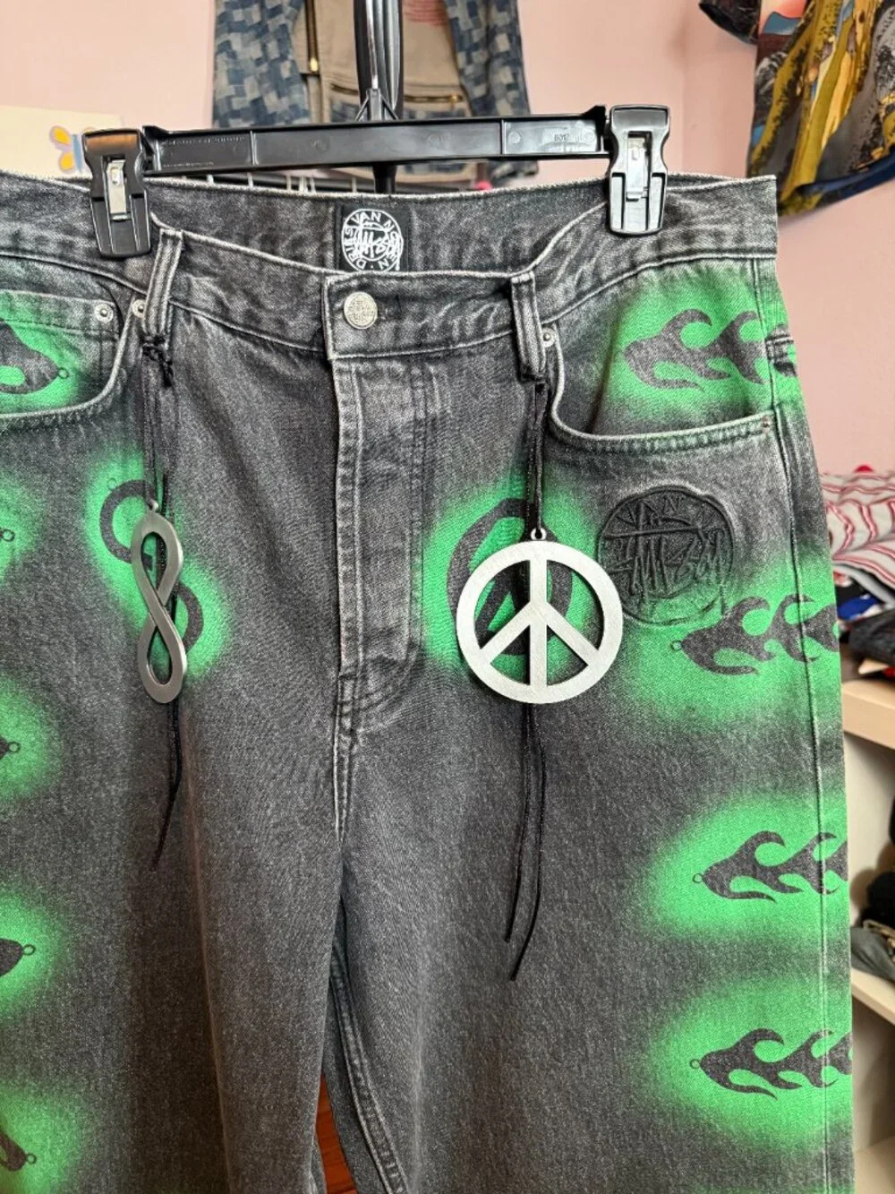 Stüssy Van Alon Dizzy Man Moon Graffiti Denim Jeans Green Black Size 34